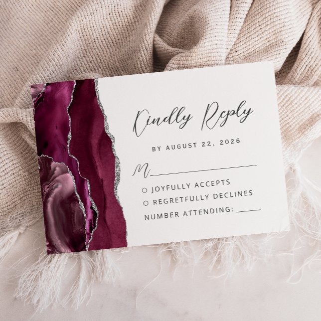 Cartons Réponse Mariage écriture moderne argent burgundy Agate (Créateur téléchargé)