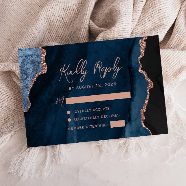 Cartons Réponse Mariage écriture Rose Gold Agate Bleu Marine (Créateur téléchargé)