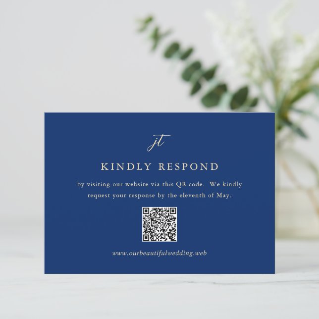 Cartons Réponse Mariage élégant à code QR Navy et crème classique (Debout devant)