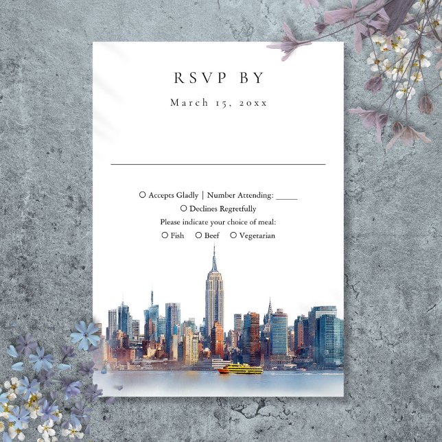 Cartons Réponse Mariage élégant à l'aquarelle à New York City (Elegant Watercolor New York City Wedding RSVP Card)