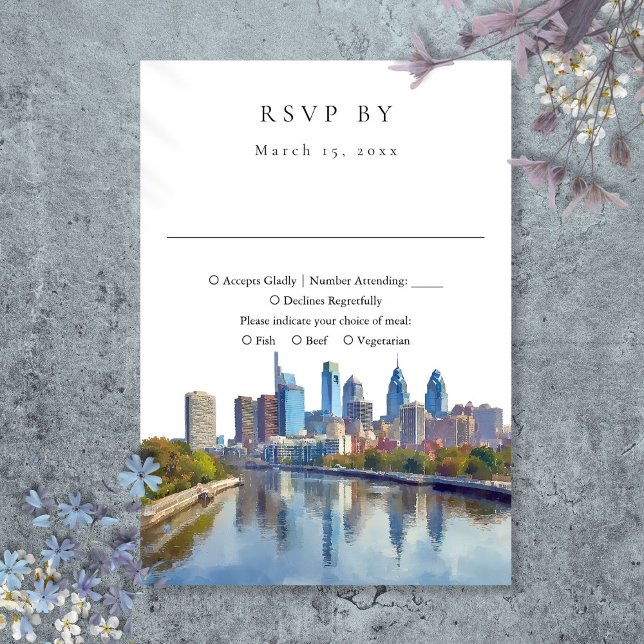 Cartons Réponse Mariage élégant à l'aquarelle avec vue sur Philade (Elegant Philadelphia Skyline Watercolor Wedding RSVP Card)