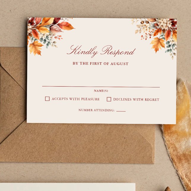 Cartons Réponse Mariage Élégant à l'Aquarelle Douce de Feuillage d (Elegant autumn foliage soft watercolor wedding RSVP card with warm seasonal charm.)