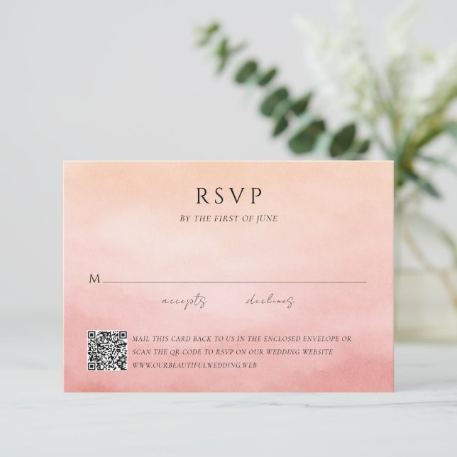 Cartons Réponse Mariage élégant au code QR corail côtier moderne (Debout devant)