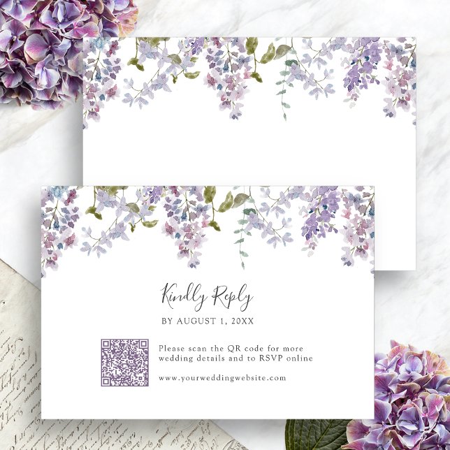 Cartons Réponse Mariage Élégant au Lilas (Elegant Lilac Floral Wedding RSVP Card with QR Code by Painted Paperie
)