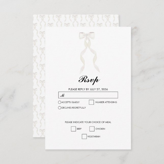 Cartons Réponse Mariage élégant au ruban blanc à la bow (Devant / Derrière)