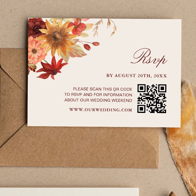 Cartons Réponse Mariage élégant automne feuilles QR Code (Elegant fall leaves autumn QR code wedding RSVP card with warm autumn charm.)