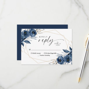 Cartons Réponse Mariage Élégant aux Fleurs Bleu Marine et Argentée