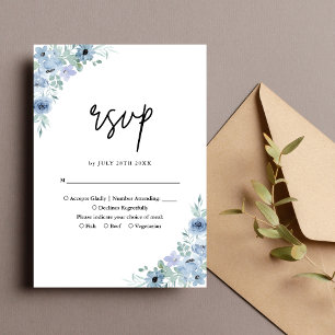 Cartons Réponse Mariage Élégant aux Fleurs Bleu Poussiéreux
