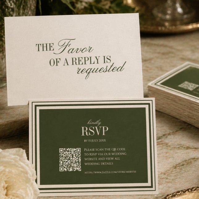 Cartons Réponse Mariage Élégant avec Code QR et Vert Olive d'Argen (Créateur téléchargé)