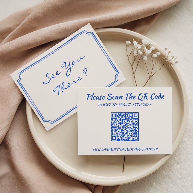 Cartons Réponse Mariage élégant avec code QR floral bleu (Créateur téléchargé)