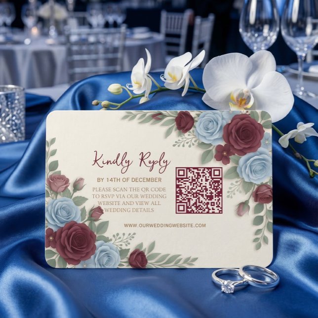Cartons Réponse Mariage élégant avec code QR floral bordeaux moder (Créateur téléchargé)