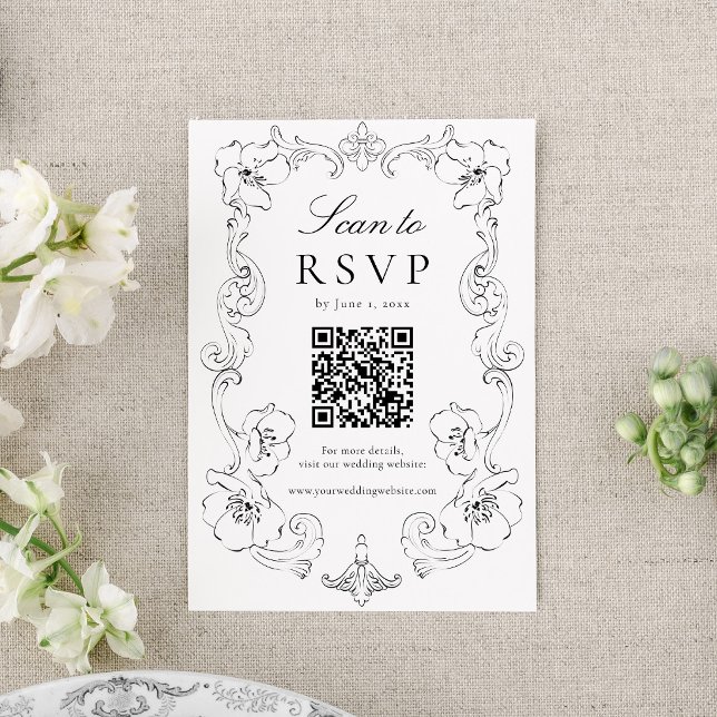 Cartons Réponse Mariage élégant avec code QR floral orné noir (Créateur téléchargé)