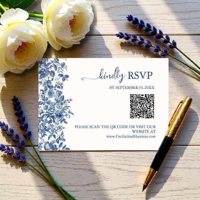 Cartons Réponse Mariage élégant avec code QR Toile Bleu Poussiéreu (Elegant Dusty Blue Toile QR Code Wedding RSVP Card)