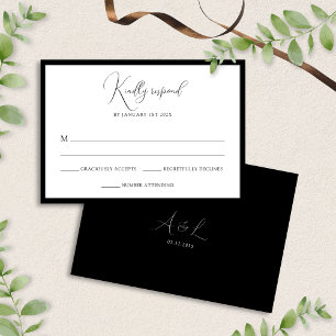 Cartons Réponse Mariage Élégant avec Monogramme Noir et Blanc Bord