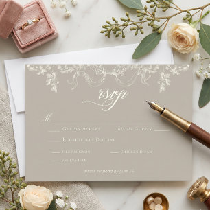 Cartons Réponse Mariage Élégant Baroque Vintage Taupe Ivoire