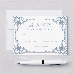 Cartons Réponse Mariage élégant blanc poussiéreux bleu vintage scr
