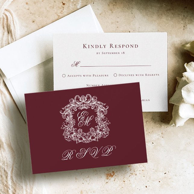Cartons Réponse Mariage Élégant Blason Monogramme Bordeaux (Créateur téléchargé)