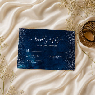 Cartons Réponse Mariage élégant bleu marine paillettes argentées