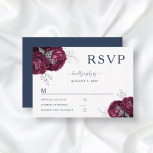 Cartons Réponse Mariage Élégant Bleu Nuit Fleurs de Pivoines Bourg