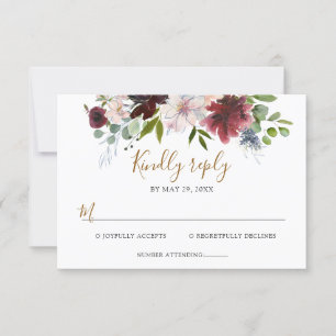 Cartons Réponse Mariage Élégant Burgundy Navy Floral avec Verdure