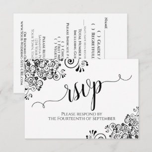 Cartons Réponse Mariage élégant calligraphié noir et blanc à volan