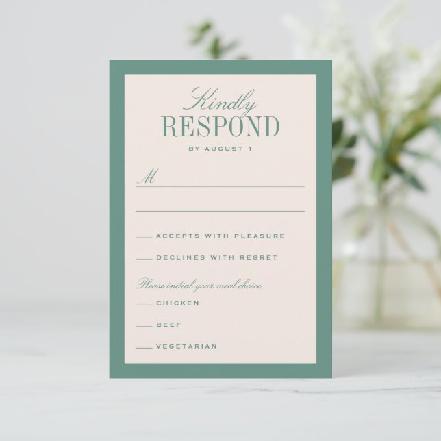Cartons Réponse Mariage Élégant Classique Vert et Crème (Debout devant)
