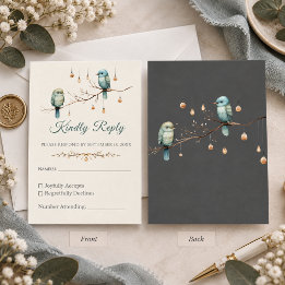 Cartons Réponse Mariage élégant de campagne aux oiseaux bleu ivoir