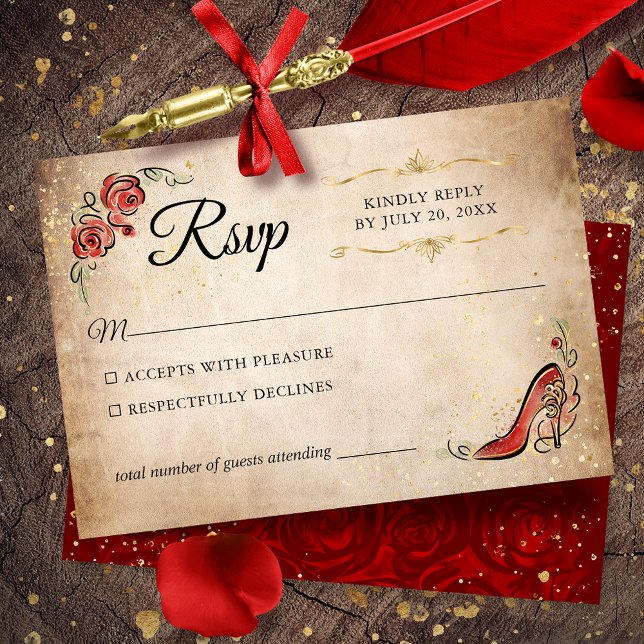 Cartons Réponse Mariage élégant de la princesse rouge et or (Red and gold RSVP cards to give your once upon a time celebration an elegant touch.)