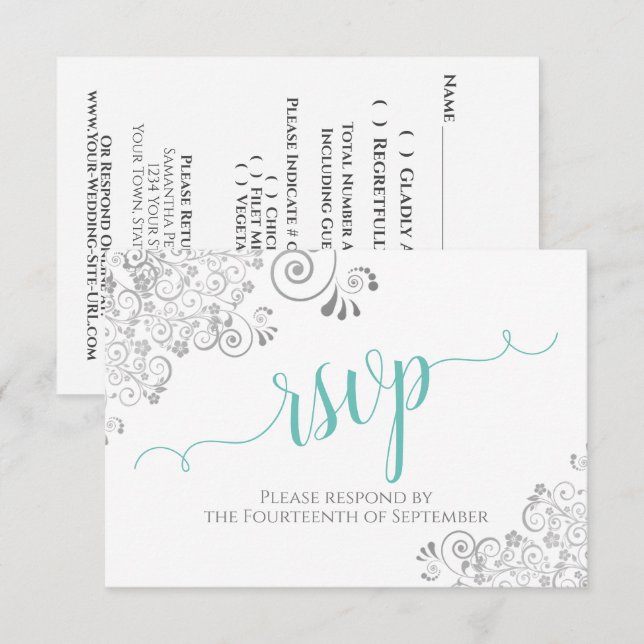 Cartons Réponse Mariage élégant écriture argent et aqua sur blanc (Devant / Derrière)