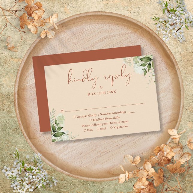 Cartons Réponse Mariage élégant écriture Terre cuite verdure  (Terracotta Greenery Elegant Script Wedding RSVP Card)