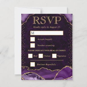 Cartons Réponse Mariage Élégant Faux Paillettes Agate Violet et Or