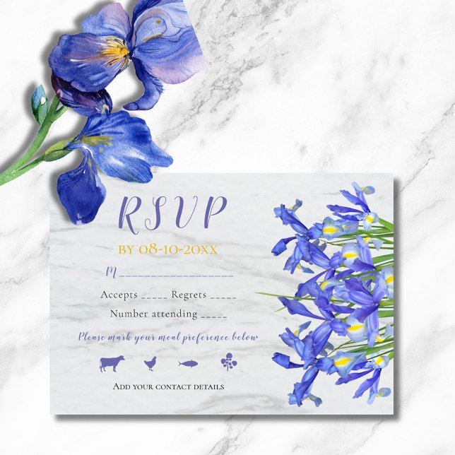 Cartons Réponse Mariage Élégant Fleurs d'Iris Bleu sur Fond de Mar (Créateur téléchargé)