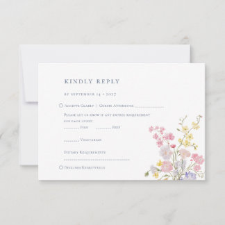 Cartons Réponse Mariage Élégant Fleurs Sauvages Bleu Poussiéreux L