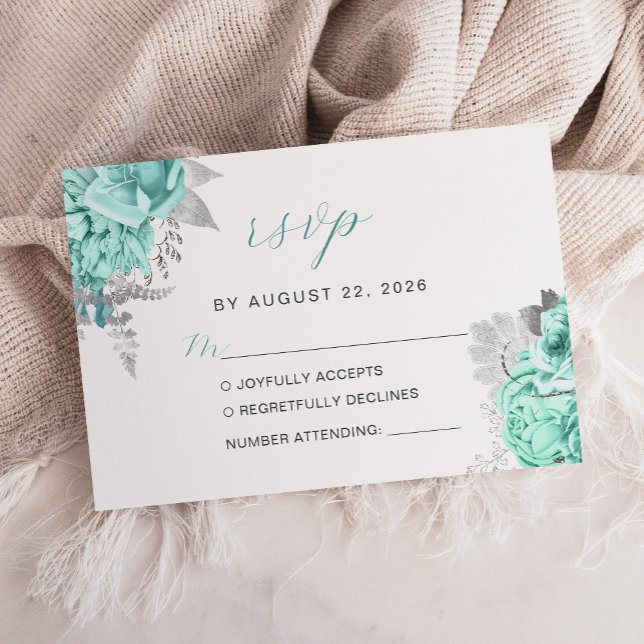 Cartons Réponse Mariage élégant floral aqua argent script (Créateur téléchargé)