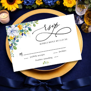 Cartons Réponse Mariage élégant floral aquarelle jaune et bleu