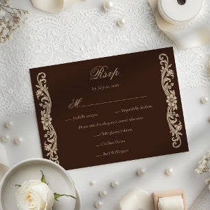 Cartons Réponse Mariage élégant marron et crème baroque vintage