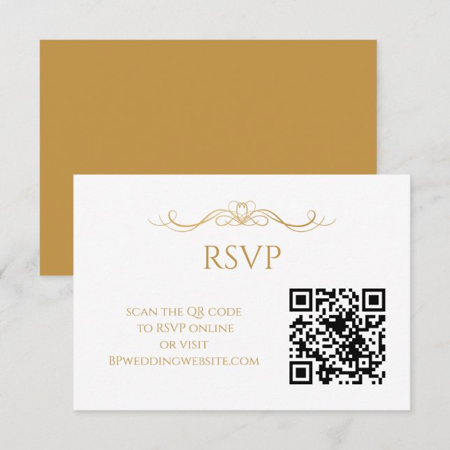 Cartons Réponse Mariage élégant moderne avec code QR or et blanc (Devant / Derrière)
