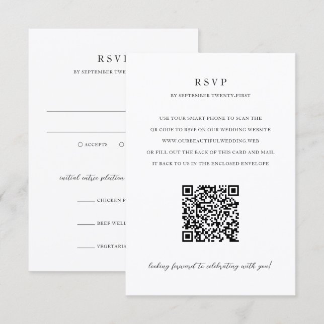 Cartons Réponse Mariage élégant moderne neutre avec code QR (Devant / Derrière)