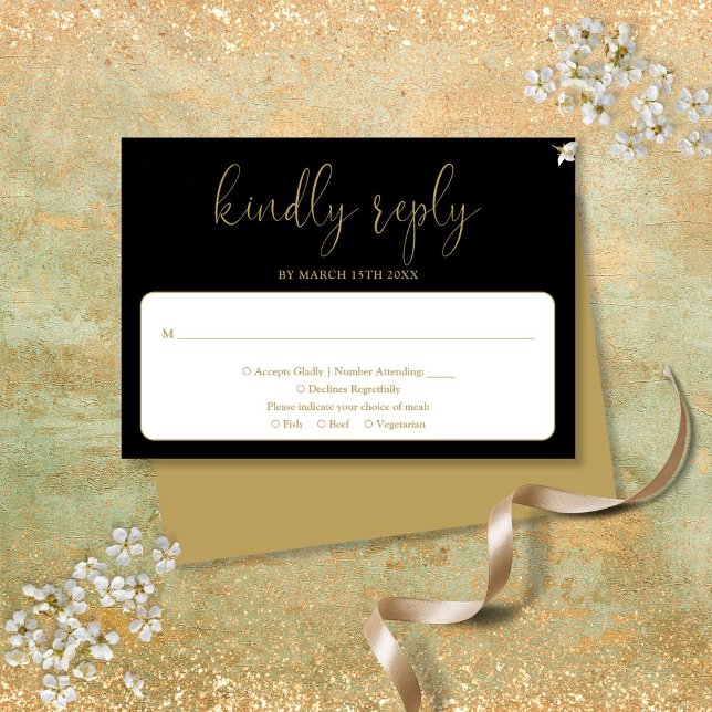 Cartons Réponse Mariage élégant moderne noir et or écriture chic (Black And Gold Modern Chic Elegant Script Wedding RSVP Card)
