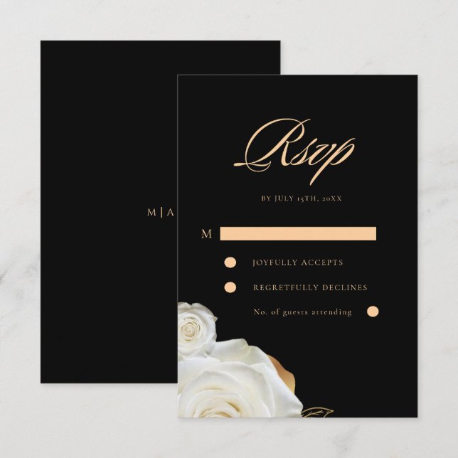 Cartons Réponse Mariage Élégant Moderne Rose Blanche Noire  (Devant / Derrière)