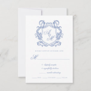 Cartons Réponse Mariage Élégant Monogramme Bleu Poussiéreux Blason