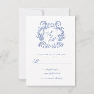 Cartons Réponse Mariage Élégant Monogramme Bleu Poussiéreux Blason