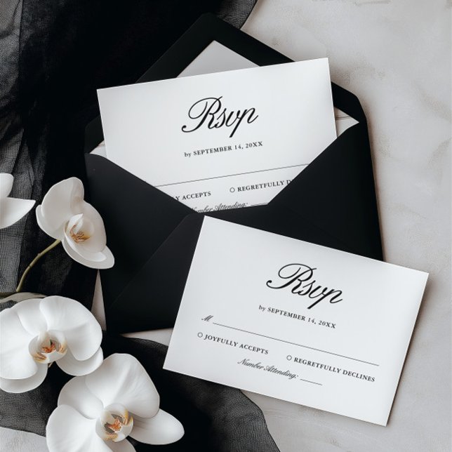 Cartons Réponse Mariage Élégant Noir & Blanc Rétro (Retro Black & White Elegant Wedding RSVP Card)