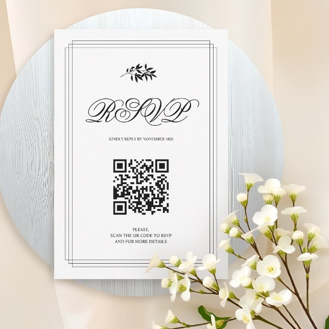 Cartons Réponse Mariage élégant noir et blanc avec branche et code (Créateur téléchargé)