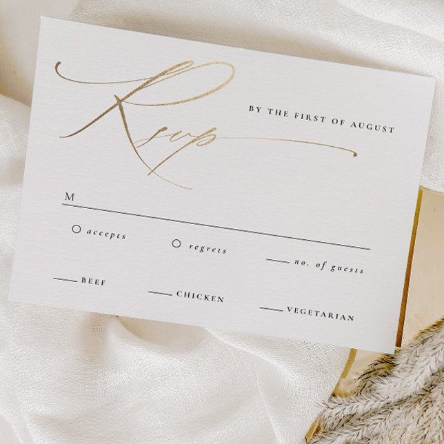 Cartons Réponse Mariage élégant noir et blanc avec écriture dorée (Elegant gold script wedding rsvp cards.)