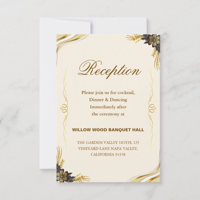 Cartons Réponse Mariage Élégant Noir & Or (Devant)
