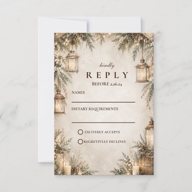 Cartons Réponse Mariage Élégant Rustique d'Hiver (Devant)