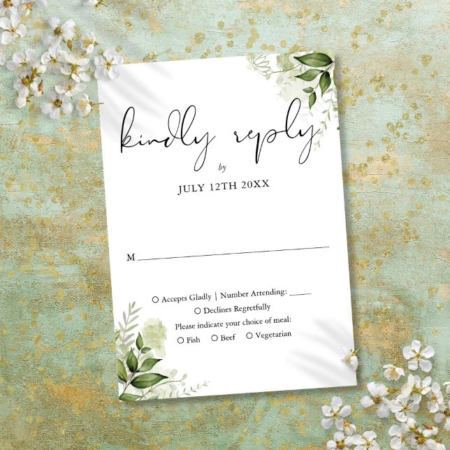 Cartons Réponse Mariage Élégant Rustique Feuillage Vert (Elegant Rustic Greenery Leaves Wedding RSVP Card)