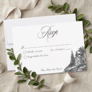Cartons Réponse Mariage Élégant Toile de Jouy Noir et Blanc Manoir