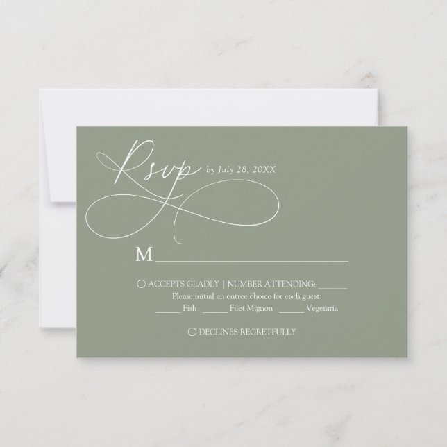 Cartons Réponse Mariage Élégant Vert Sauge Écriture Calligraphique (Devant)